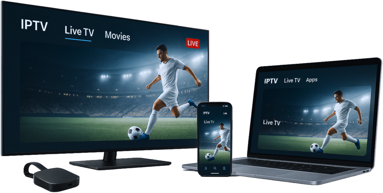 IPTV service compatibility with various devices, including Smart TVs, mobile phones, tablets, and computers.